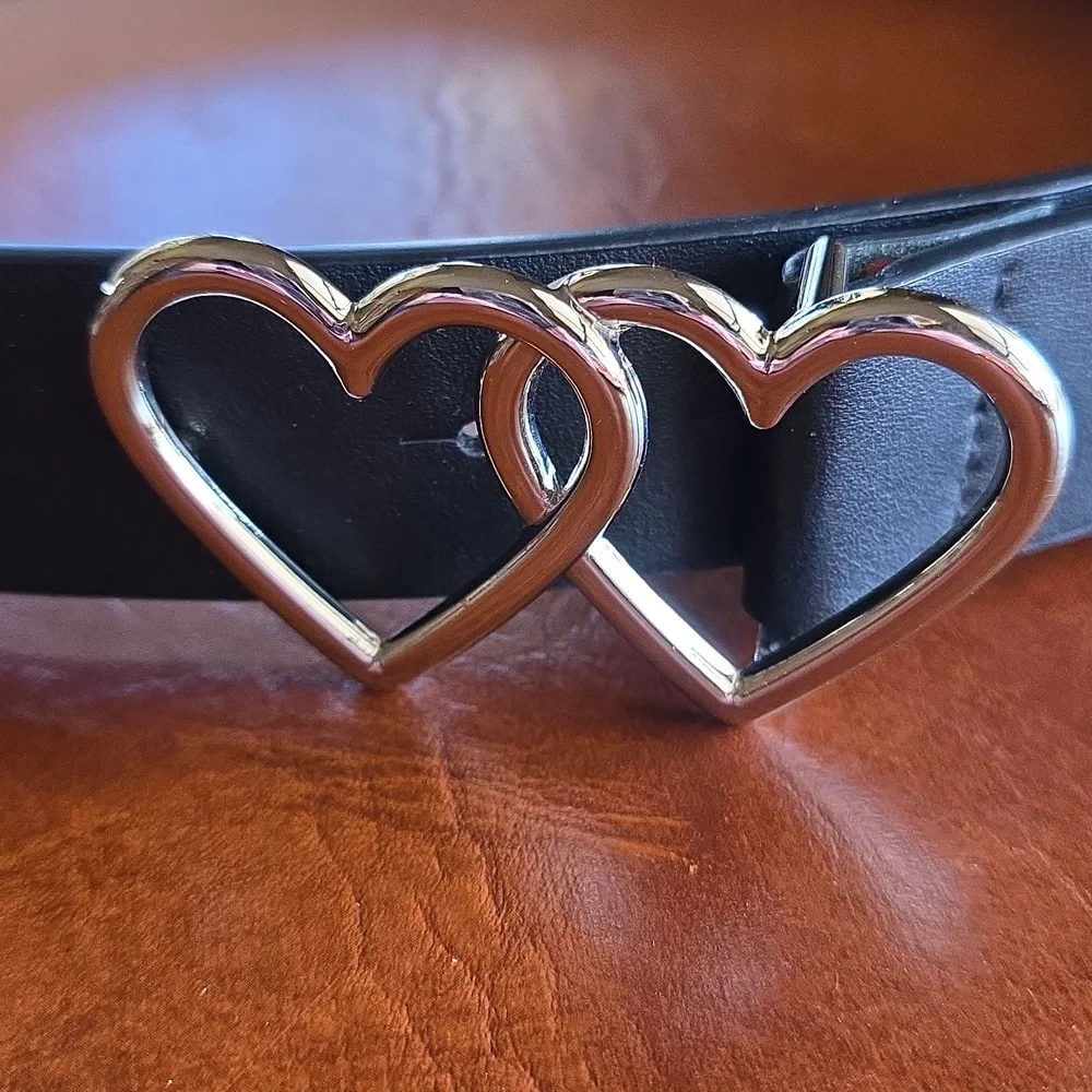 Source Unknown Black Belt with Double Heart Silver Buckle